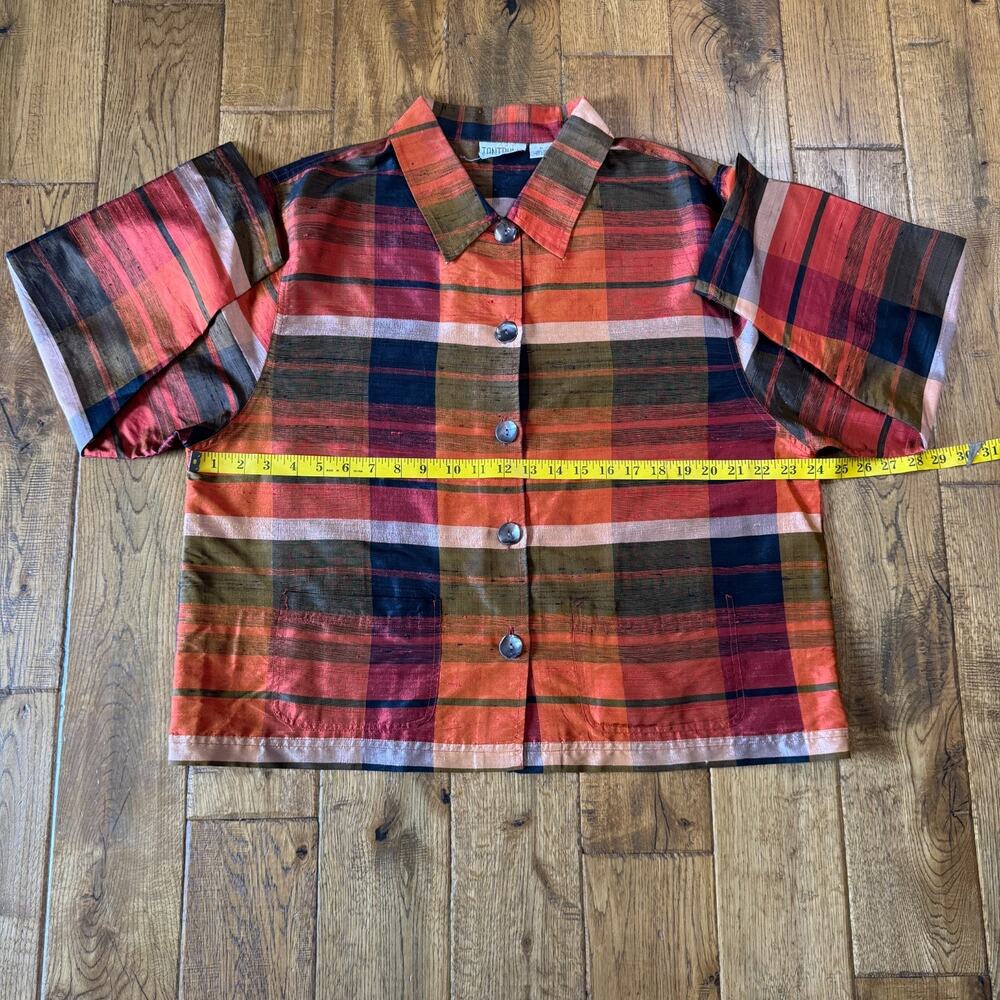 Vtg Tantrums Collection Womens Sz XL Orange Green Plaid 100% Silk Button Blouse - Picture 4 of 5